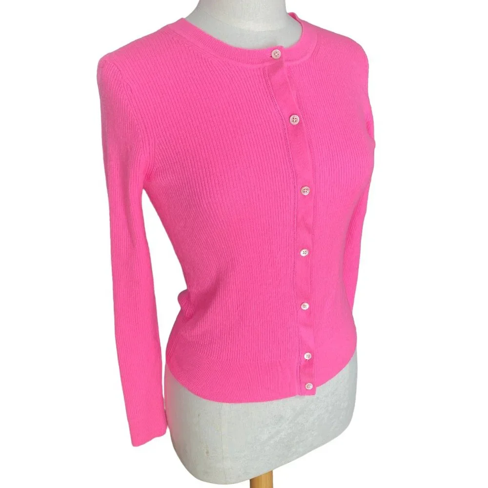 Banana Republic 100% Merino Wool Barbiecore Pink Button Up Ribbed Cardigan-M
